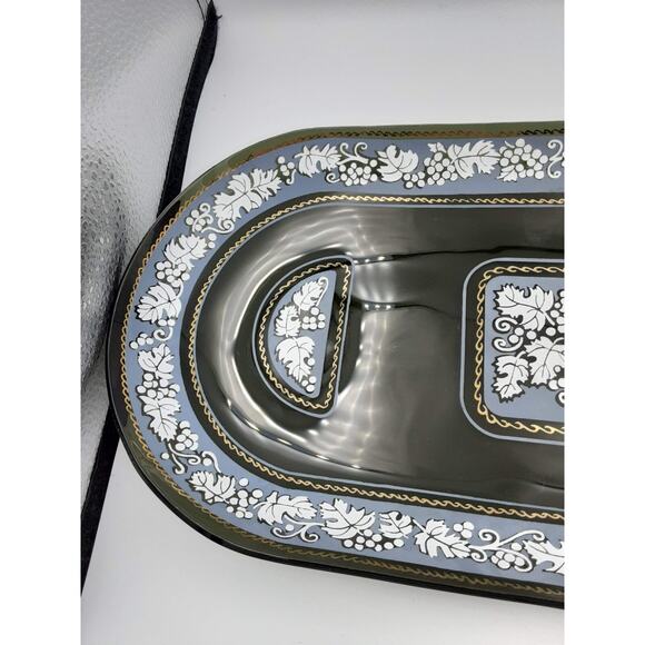 Smoky Glass Tray Plate With White & Gold Accent Console Dish Serving Platter - Picture 11 of 12